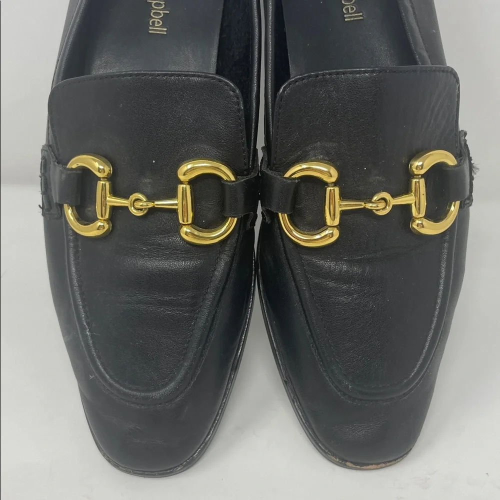Jeffrey Campbell Black Leather Gold Accent Horsebit Slip On Loafers Size 8.5
